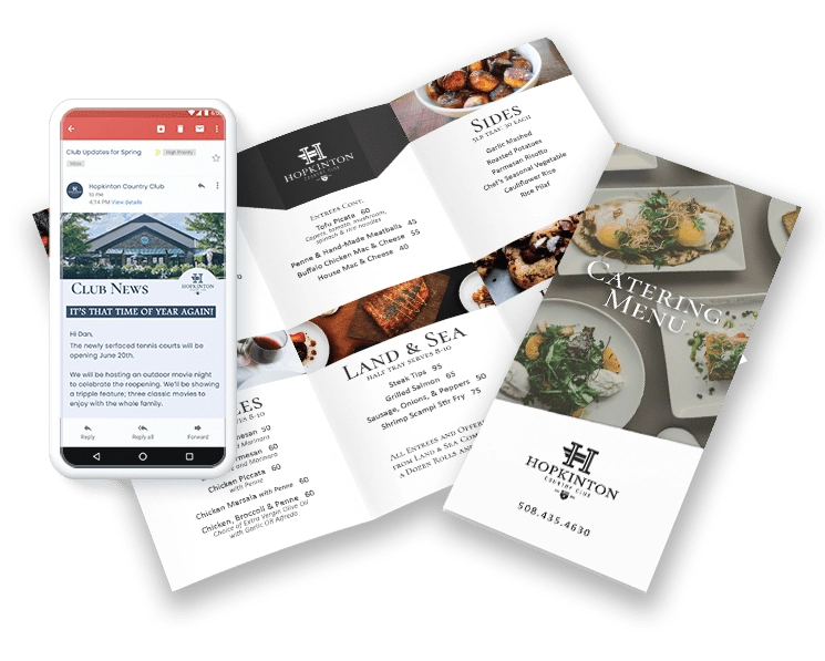 an email newsletter, trifold brochure, and catering menu designed for hopkinton country club copy