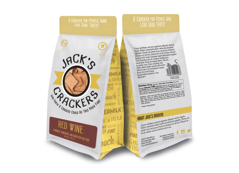 package design for jack's crackers white and yellow bag with window showing crackers inside