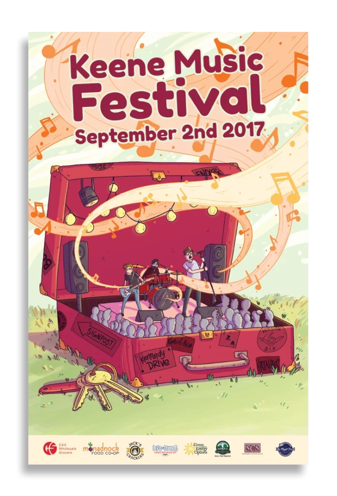 2017 keene music festival poster with a suitcase full of tiny people and a band playing music