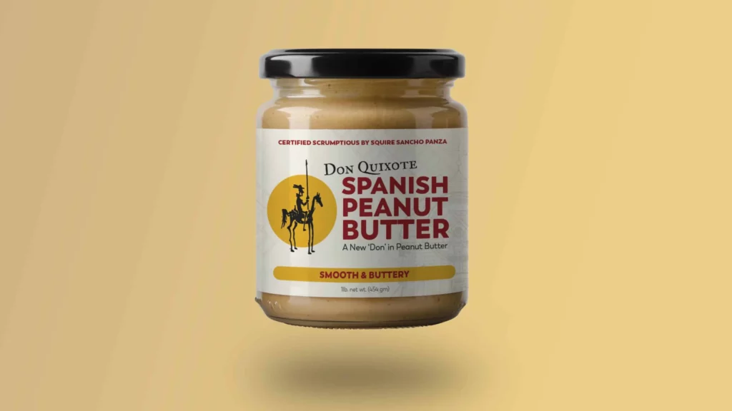 don quixote spanish peanut butter label on a glass jar