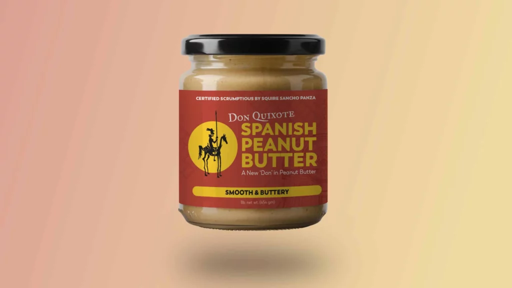 don quixote spanish peanut butter red label on a glass jar