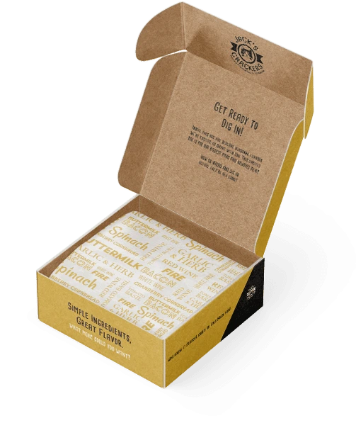 jack's crackers gift box and package design open showing messaging on the interior and custom packing paper