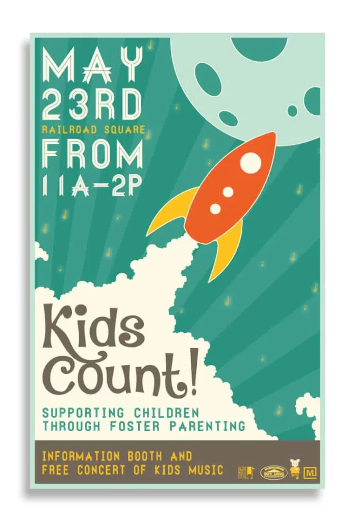kids count poster featuring a cartoon rocket going to the moon
