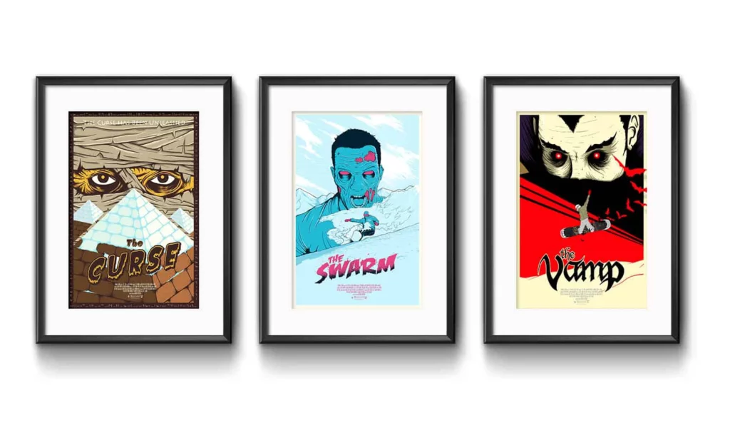 three posters created for chemical strom snowboards featuring a zombie, mummy, and vampire