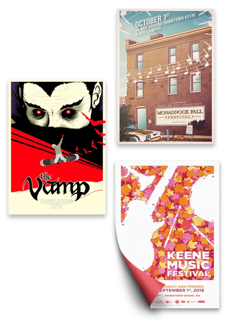 three illustrated poster designs featuring keene music fest, fall festival, and chemical storms vamp